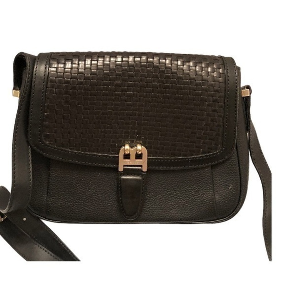 Bally black leather woven flap bag